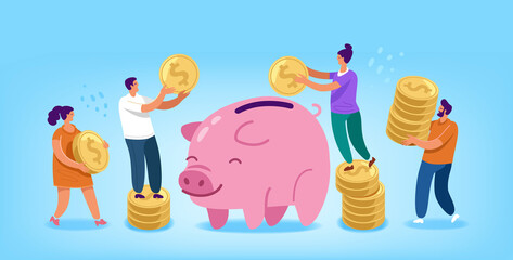 People carry coins and put money in piggy bank. Finance concept vector illustration
