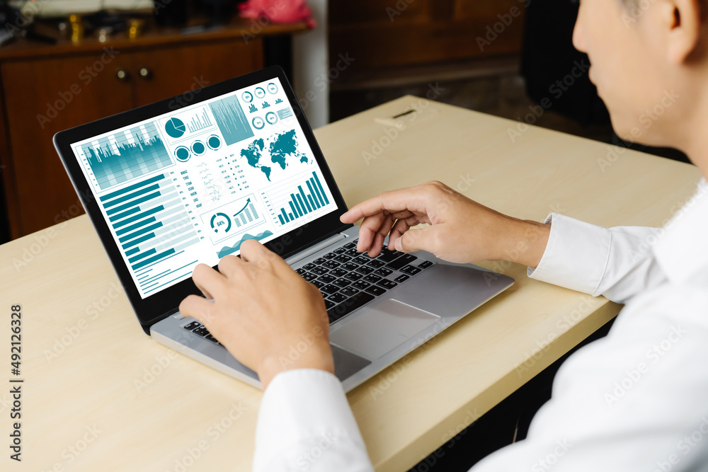 Poster business data dashboard analysis by ingenious computer software . investment application display bus