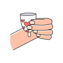 Menstrual cup in hand to collect blood while menstruation period. Feminine personal hygiene zero waste device vector illustration