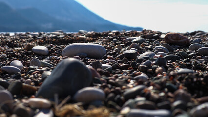 Stone beach on a beautiful sunny beach