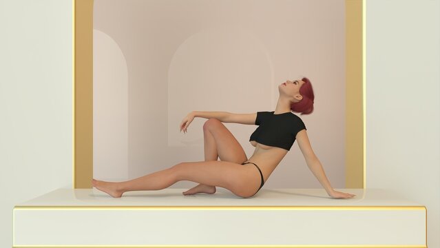 adult female fashion model poses on photographic colored background, 3D illustration.