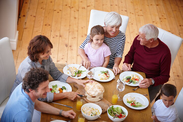 Meals and smiles. High angle shot of a multi generational family sharing a meal together.