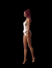 beautiful mature woman with short red hair and torn black shirt and in panties poses on a dark background, 3D illustration