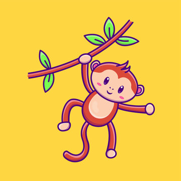 Cute cartoon monkey on a branch in vector illustration. Isolated animal vector. Flat cartoon style