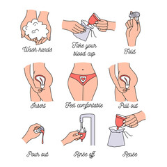 How to use woman menstrual cup during periods. Instruction how to insert blood cup to womans body. Line art icon set vector illustration - obrazy, fototapety, plakaty