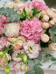 beautiful bouquet of roses, hydrangea, peony on happy birthday day