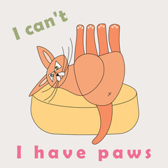 Funny red cat lying on the couch with his paws up and the inscription 