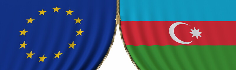 EU and Azerbaijan political cooperation or conflict, flags and closing or opening zipper, conceptual 3D rendering
