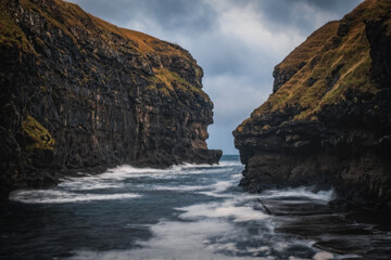 Historical port in Gjogv village, Faroe Islands. November 2021