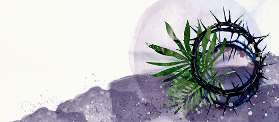 Lent Season, Holy Week, Palm Sunday concept. Christian banner, watercolor.