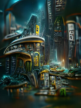 A 3d digital rendering of a futuristic surreal cityscape with blue, green and yellow lights.
