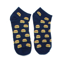Isolated colorful socks with stripes on white background.