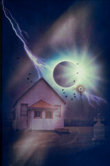 The Apocalypse Old Schoolhouse with Windmill, Moon And Lightning.
