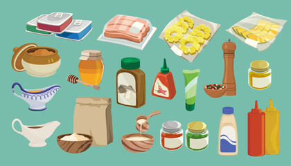 Set of grocery items from canned , fruit ,sauce ,jam and meat. - obrazy, fototapety, plakaty