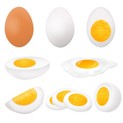 Collection of eggs in various forms ( whole,fried, boiled, half and sliced )
