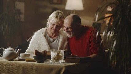 Happy aged husband and wife smiling and discussing photos in album while sitting on couch near table in morning in cozy living room at home