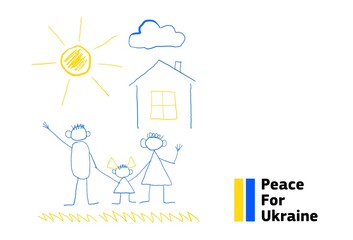 Peace for Ukraine postcard, family. Children drawing style, with sun and house. Peace concept, Ukraine, child with parents