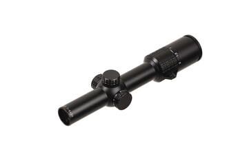 Modern black optical sight. Optical device for aiming at long distances. Isolate on a white back