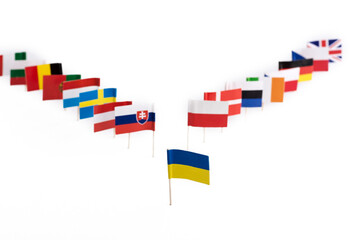  lone flag of Ukraine against the background of many flags of European countries.