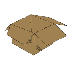  Damaged open brown cardboard box. Vector drawing., isolated on the white. 
