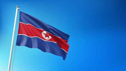 North Korea Flag Flying on Blue Sky Background 3D Render