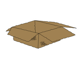 Small damaged open brown cardboard box. Vector drawing.