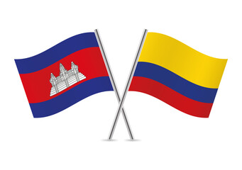 Cambodia and Colombia crossed flags. Cambodian and Colombian flags, isolated on white background. Vector icon set. Vector illustration.