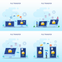 file transfer concept, backup data, technology cloud, upload and download, Flat vector template	