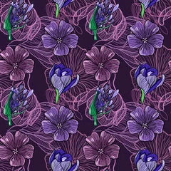 Fotobehang Seamless floral pattern with agapanthus, crocus and violet on a purple background vector illustration © Maria