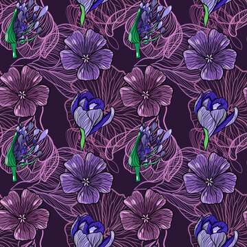 Seamless floral pattern with agapanthus, crocus and violet on a purple background vector illustration