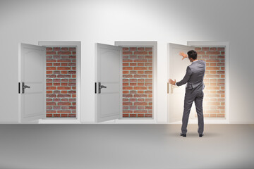 Businessman facing no exit with brick door