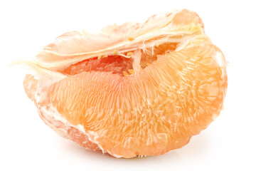 peeled pomelo pieces isolated on white background. Tasty fresh fruit eating concept