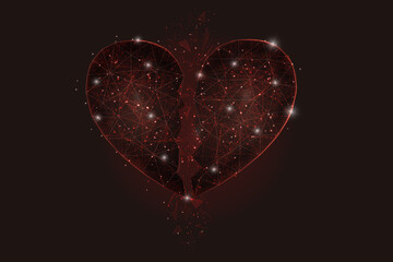 Abstract isolated image of broken red heart. Polygonal low poly style illustration looks like stars in the blask night sky in spase or flying glass shards. © Katsiaryna