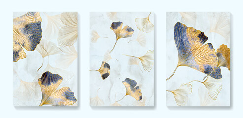 Art background with golden and blue gingko leaves in art line style. Botanical print with watercolor textures for wallpaper, decor, packaging design, interior design