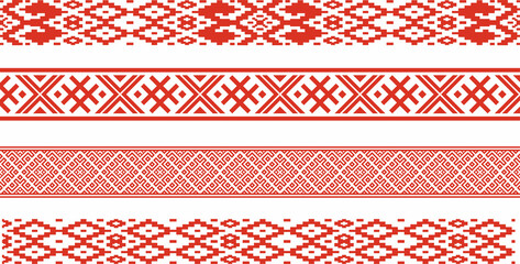 Vector red set of seamless belarusian national ornament. Ethnic pattern of Slavic peoples, Russian, Ukrainian, Serb, Pole, Bulgarian. Cross stitch template.
 - obrazy, fototapety, plakaty