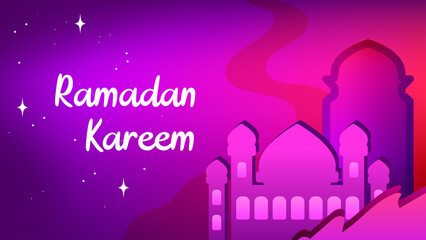 Ramadan Kareem illustration landscape background with mosque silhouette ornaments and dominant purple, for the use of Ramadan events and other Muslim events