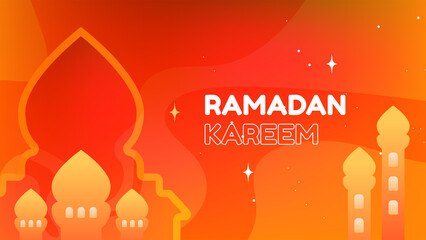 Ramadan Kareem illustration landscape background with mosque silhouette ornaments and dominant orange, for the use of Ramadan events and other Muslim events