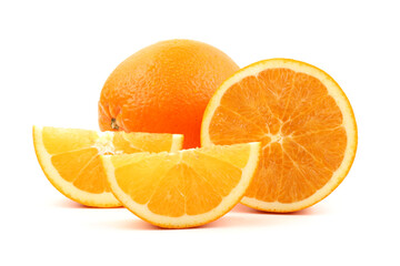 Fototapeta na wymiar Whole orange fruit and segments or cantles isolated on white background cutout