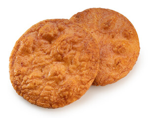 Japanese rice crackers or Senbei isolated on white background, Japan traditional snack Senbei on white with clipping path.	
