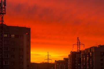 beautiful dawn painted the sky over the city with bright colors