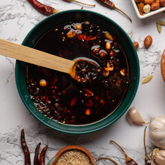 Chili oil sauce with sesame and peanuts called macha. Mexican food