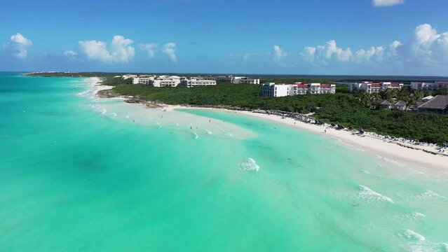 Cuba Cayo Santa Maria beach drone aerial 4K white sand  shot cayo coco varadero caribbean sea waves atlantic ocean tropical turquoise  paradise view Antilles landscape destination cuban coast coastlin