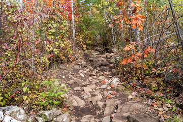 Extremely rocky uphill hiking trail, taken on the Superior Hiking Trail at Bean and Bear Lake Loop, Minnesota