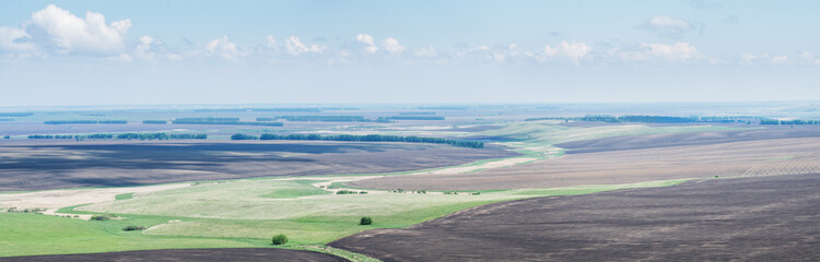 Fototapeta na wymiar Agricultural fields, panoramic spring view, countryside