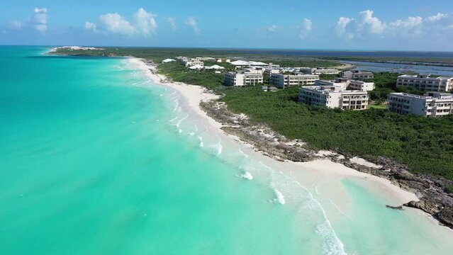 Cuba Cayo Santa Maria beach drone aerial 4K white sand  shot cayo coco varadero caribbean sea waves atlantic ocean tropical turquoise  paradise view Antilles landscape destination cuban coast coastlin