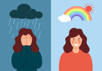 Woman in sad and happy mood in flat design. Positive and negative thinking. Mental health care concept.