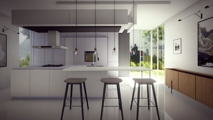Modern house interior kitchen with island white design. 3D illustration
