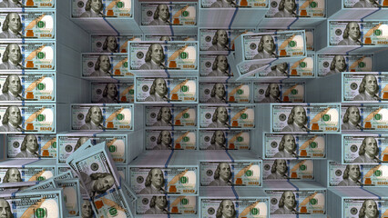 Pile of new design US dollar bills as background. 3d rendering of dollars