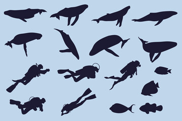 Sea elements set isolated on white. Ocean collection with fish, whales. Set of sea animals poster. Blue watercolor ocean fish.