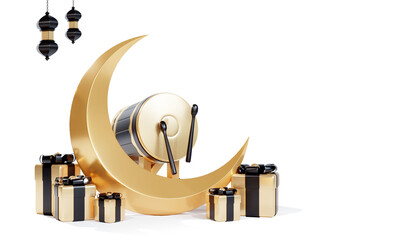 ramadan banner template with 3d islamic drum and crescent moon